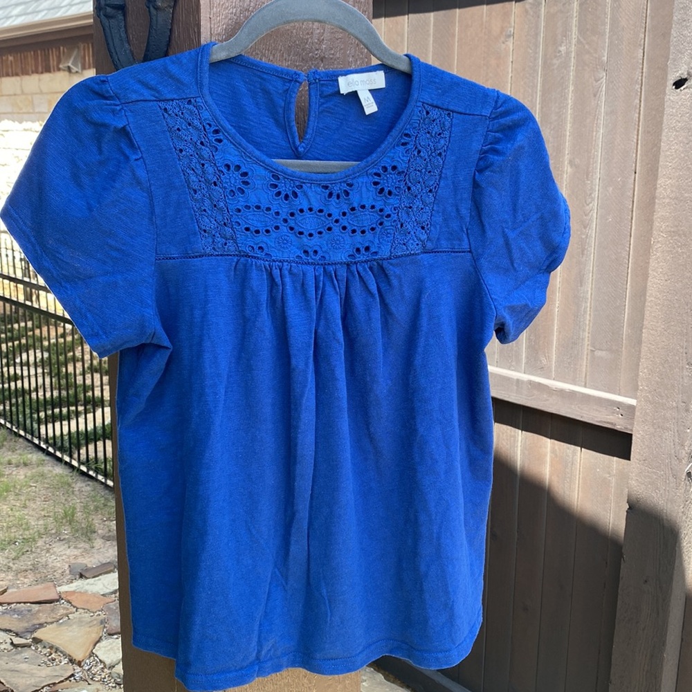 Ella Moss cotton knit peacock blue short sleeved Tshirt with eyelet insert. M